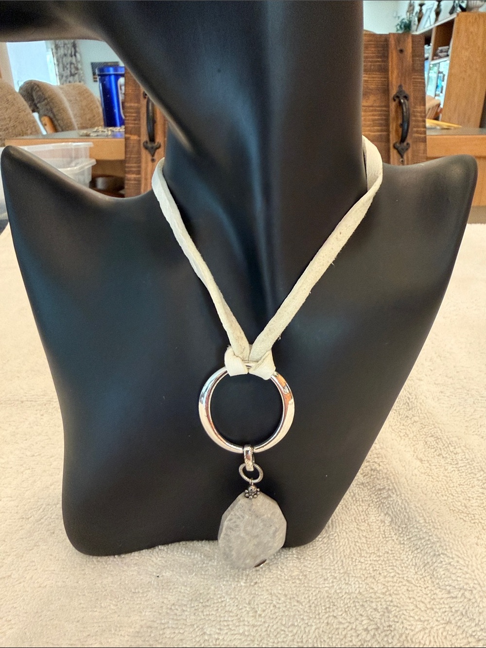 Cream Suede Leather Adjustable Necklace with Silver Ring and Stone Drop Pendant